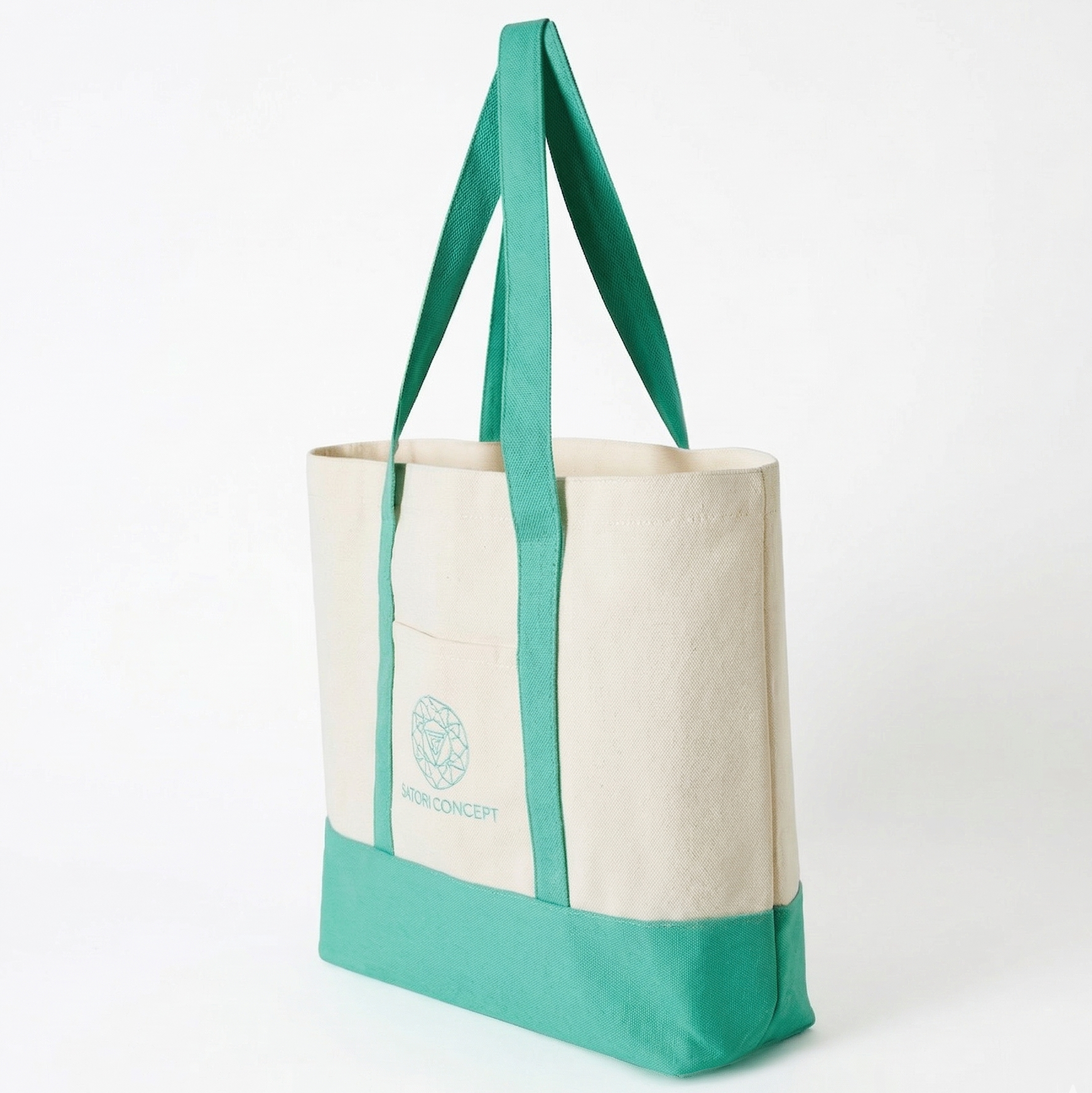 Tote bag with green handles and bottom section on a white background