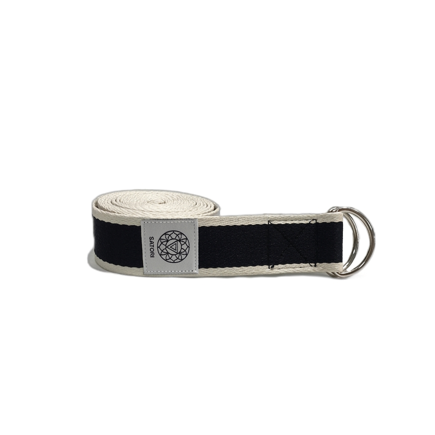 Cotton Yoga Strap with Double D-Ring for Stretching (black and white)